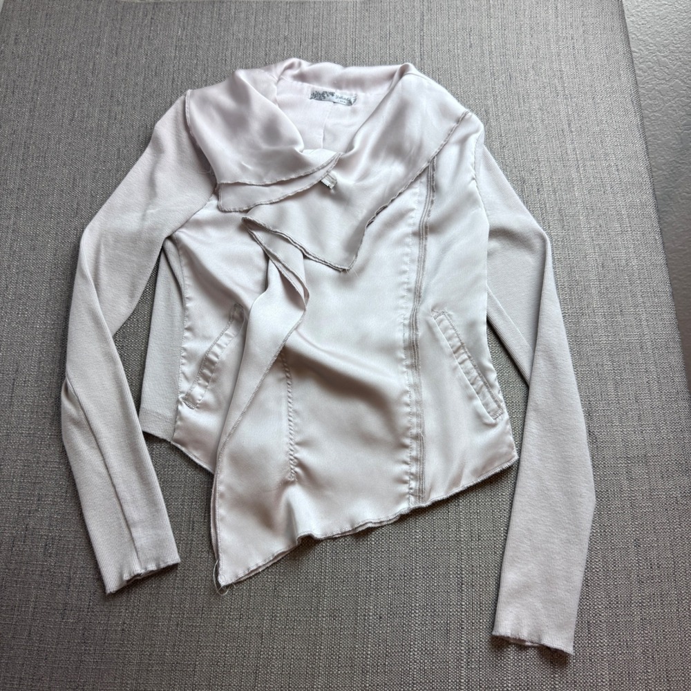 Yahada USA Womens Medium Satin Ribbed Knit Asymmetric Zip Draped Jacket Pink